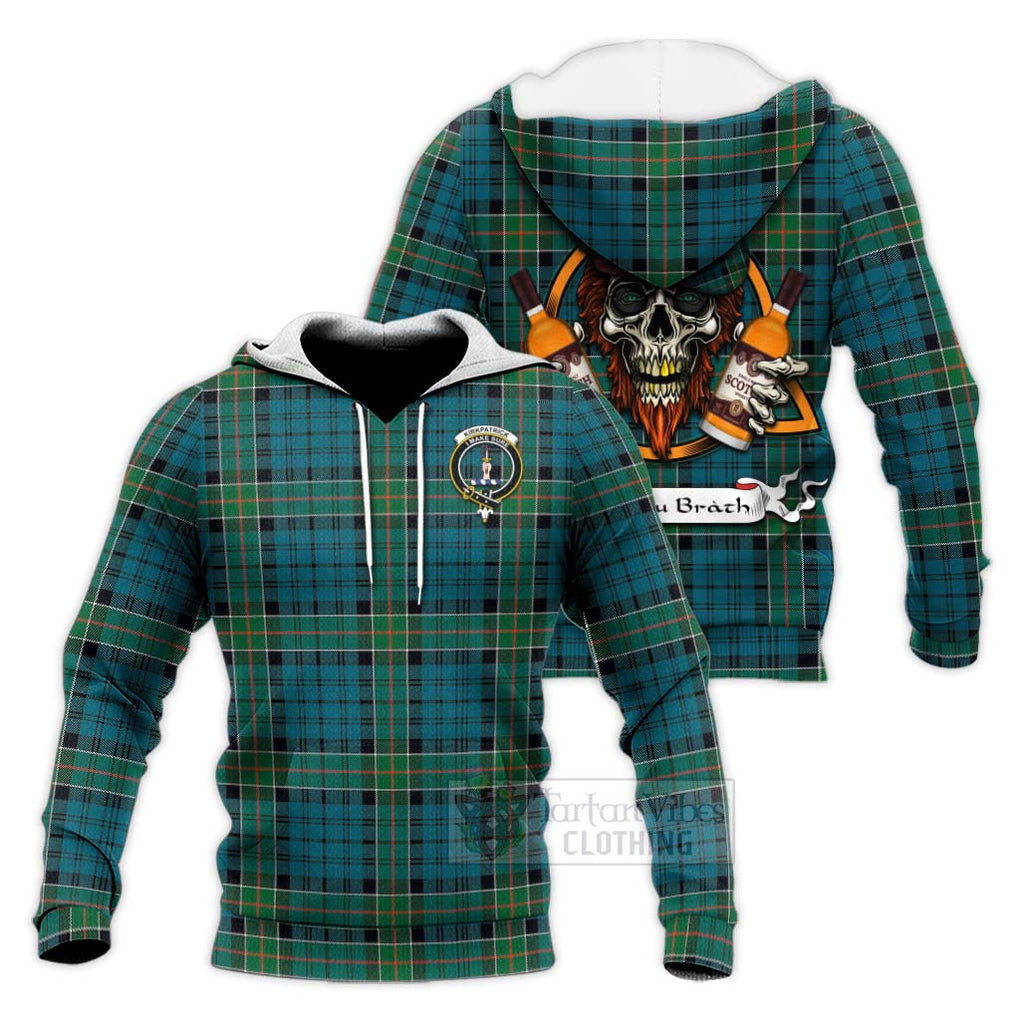 Tartan Vibes Clothing Kirkpatrick Tartan Knitted Hoodie with Family Crest and Bearded Skull Holding Bottles of Whiskey