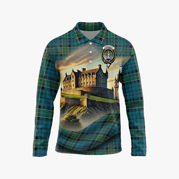 Tartan Vibes Clothing Kirkpatrick Tartan Family Crest Long Sleeve Polo Shirt with Scottish Ancient Castle Style