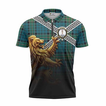 Kirkpatrick Crest Tartan Zipper Polo Shirt with Golden Lion Emblem Celtic Style
