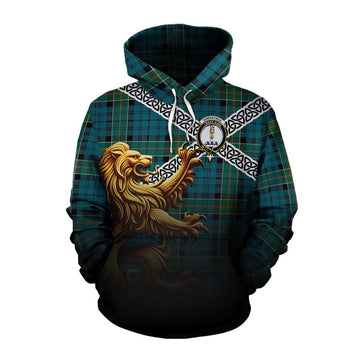 Kirkpatrick Crest Tartan Cotton Hoodie with Golden Lion Emblem Celtic Style