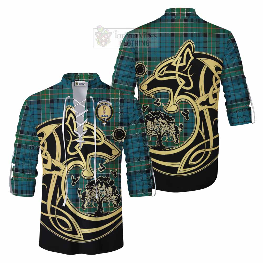 Tartan Vibes Clothing Kirkpatrick Tartan Ghillie Kilt Shirt with Family Crest Celtic Wolf Style