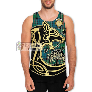 Kirkpatrick Tartan Men's Tank Top with Family Crest Celtic Wolf Style