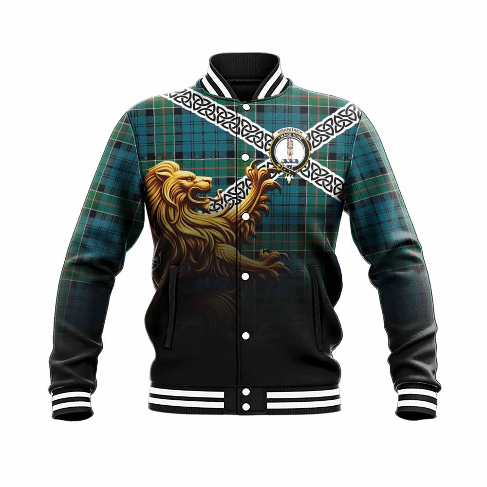 Tartan Vibes Clothing Kirkpatrick Crest Tartan Baseball Jacket with Golden Lion Emblem Celtic Style