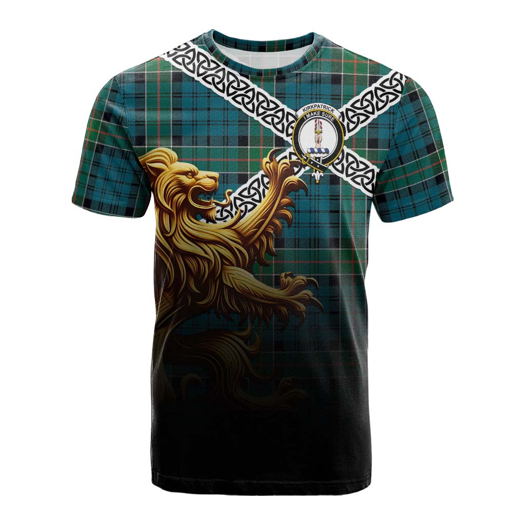 Tartan Vibes Clothing Kirkpatrick Crest Tartan Cotton T-shirt with Golden Lion Emblem Celtic Style