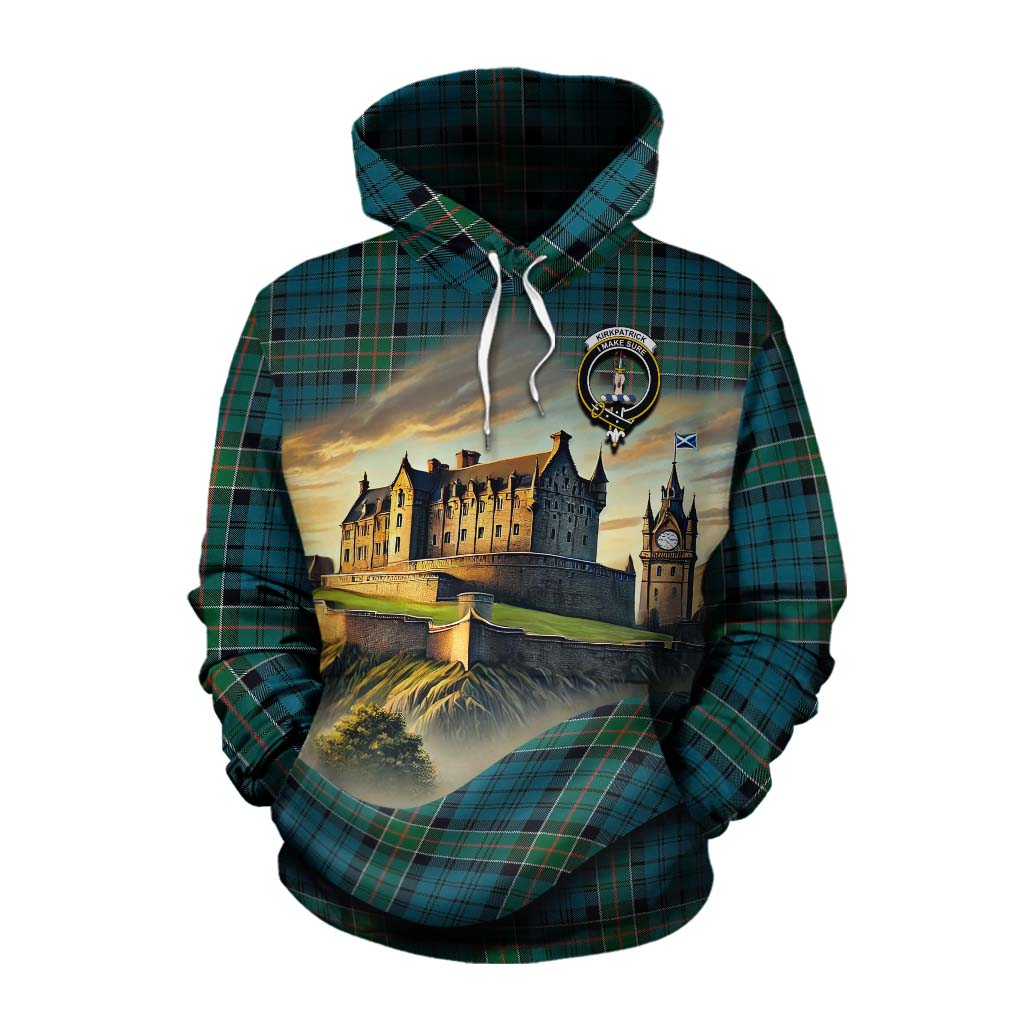 Tartan Vibes Clothing Kirkpatrick Tartan Family Crest Cotton Hoodie with Scottish Ancient Castle Style