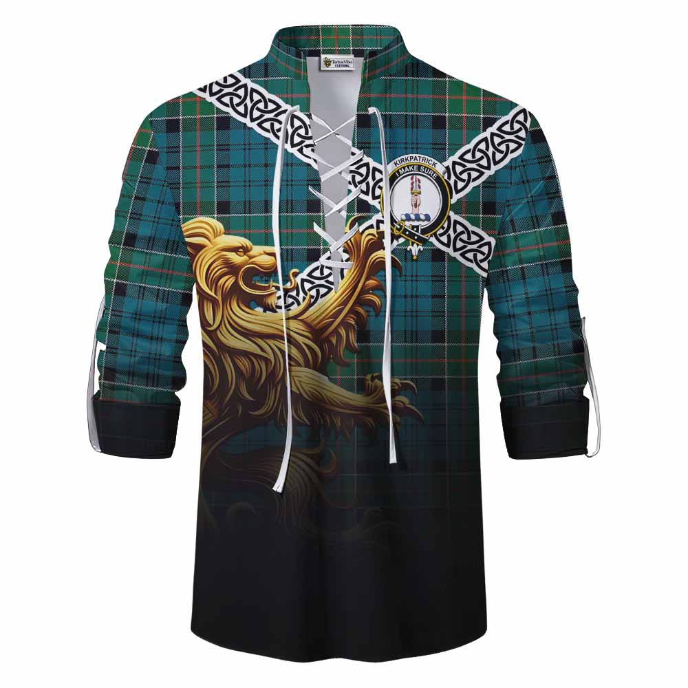 Tartan Vibes Clothing Kirkpatrick Crest Tartan Ghillie Kilt Shirt with Golden Lion Emblem Celtic Style