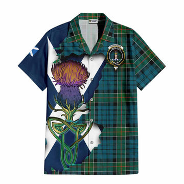 Tartan Vibes Clothing Kirkpatrick Tartan Family Crest Short Sleeve Button Shirt Scottish Thistle Celtic Inspired