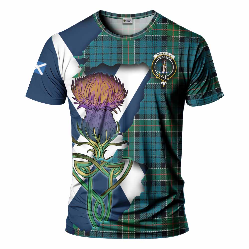 Tartan Vibes Clothing Kirkpatrick Tartan Family Crest T-Shirt Scottish Thistle Celtic Inspired
