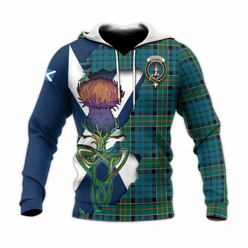 Tartan Vibes Clothing Kirkpatrick Tartan Family Crest Knitted Hoodie Scottish Thistle Celtic Inspired