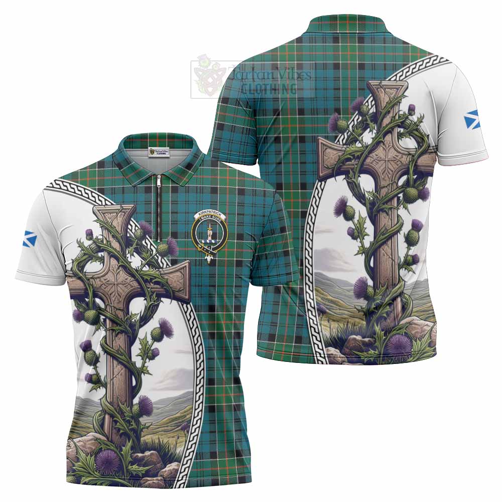 Tartan Vibes Clothing Kirkpatrick Tartan Zipper Polo Shirt with Family Crest and St. Andrew's Cross Accented by Thistle Vines