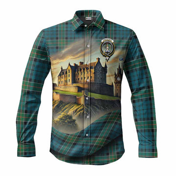 Kirkpatrick Tartan Family Crest Long Sleeve Button Shirt with Scottish Ancient Castle Style