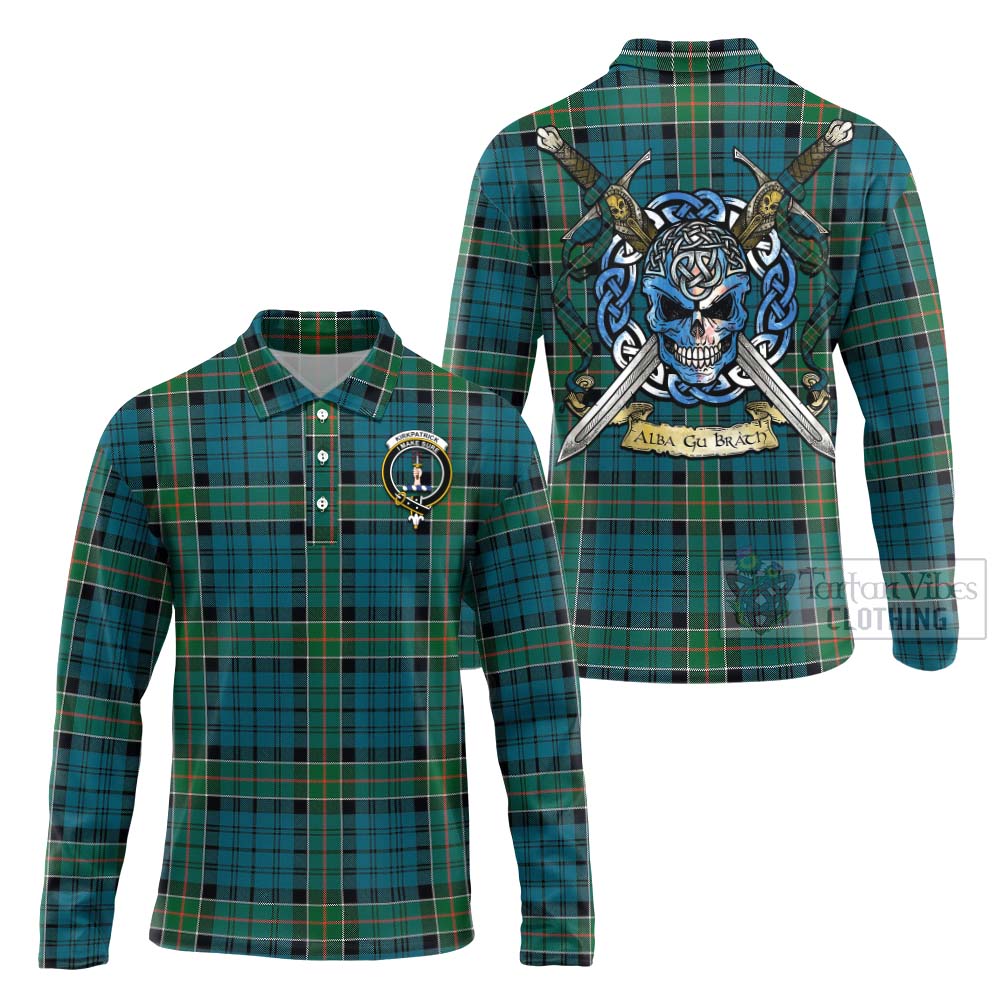 Tartan Vibes Clothing Kirkpatrick Tartan Long Sleeve Polo Shirt with Family Crest Celtic Skull Style