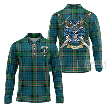Tartan Vibes Clothing Kirkpatrick Tartan Long Sleeve Polo Shirt with Family Crest Celtic Skull Style