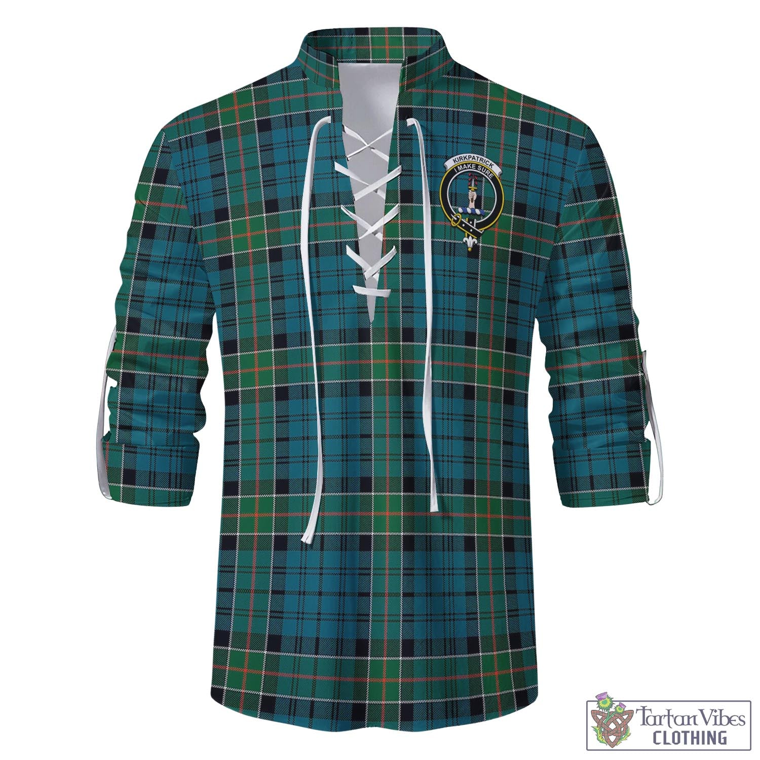 Tartan Vibes Clothing Kirkpatrick Tartan Men's Scottish Traditional Jacobite Ghillie Kilt Shirt with Family Crest