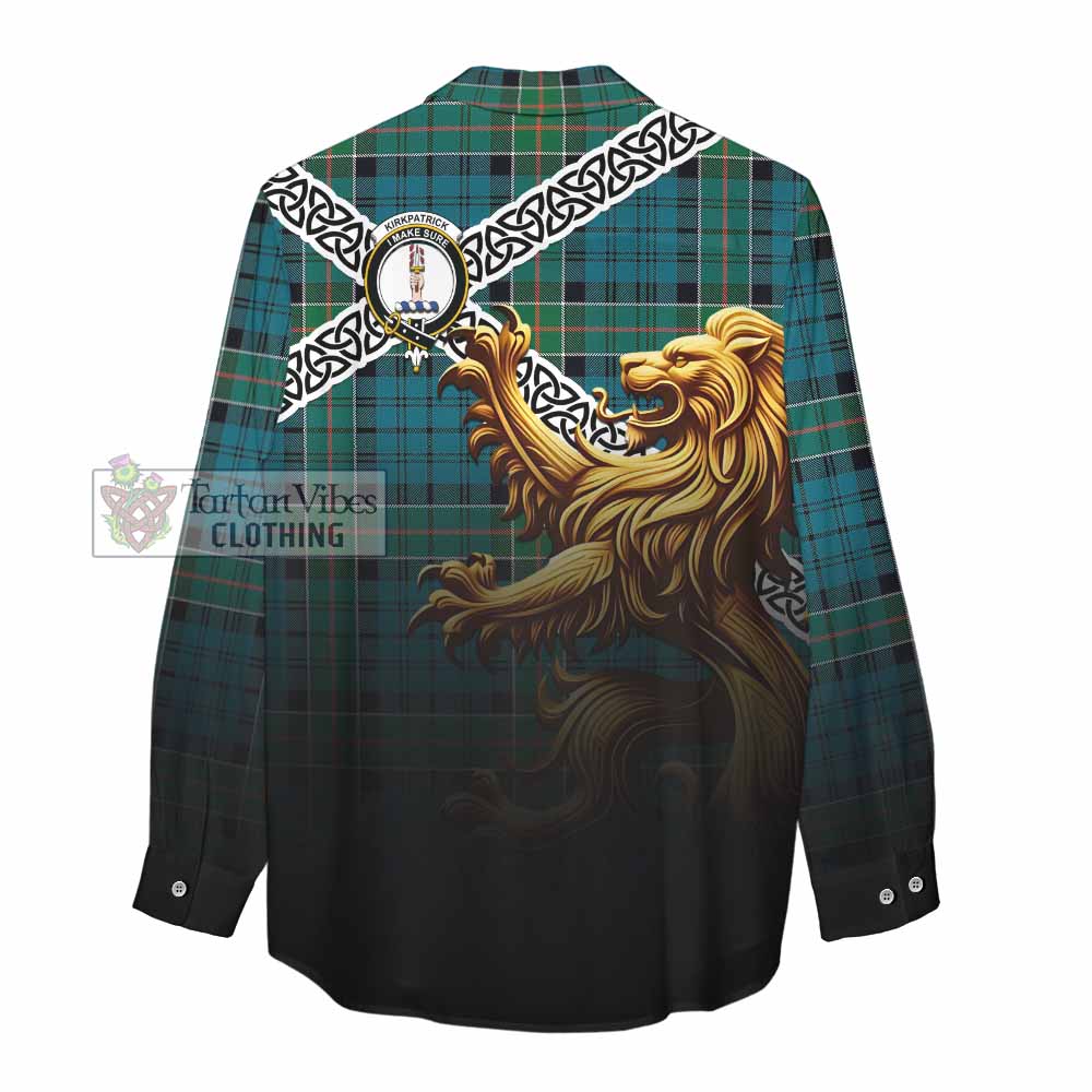 Tartan Vibes Clothing Kirkpatrick Crest Tartan Women's Casual Shirt with Golden Lion Emblem Celtic Style