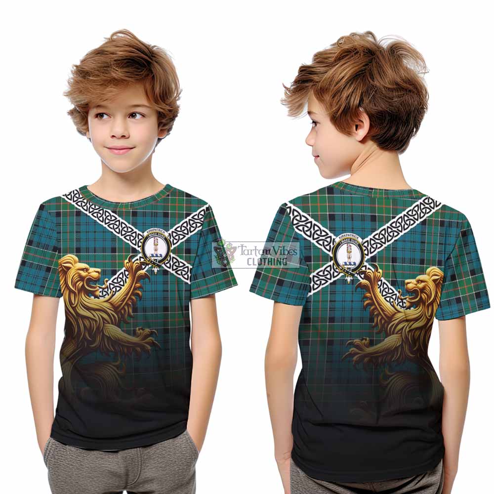 Tartan Vibes Clothing Kirkpatrick Crest Tartan Kid T-Shirt with Golden Lion Emblem Celtic Style