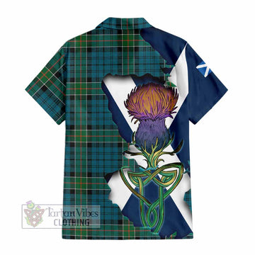 Tartan Vibes Clothing Kirkpatrick Tartan Family Crest Short Sleeve Button Shirt Scottish Thistle Celtic Inspired