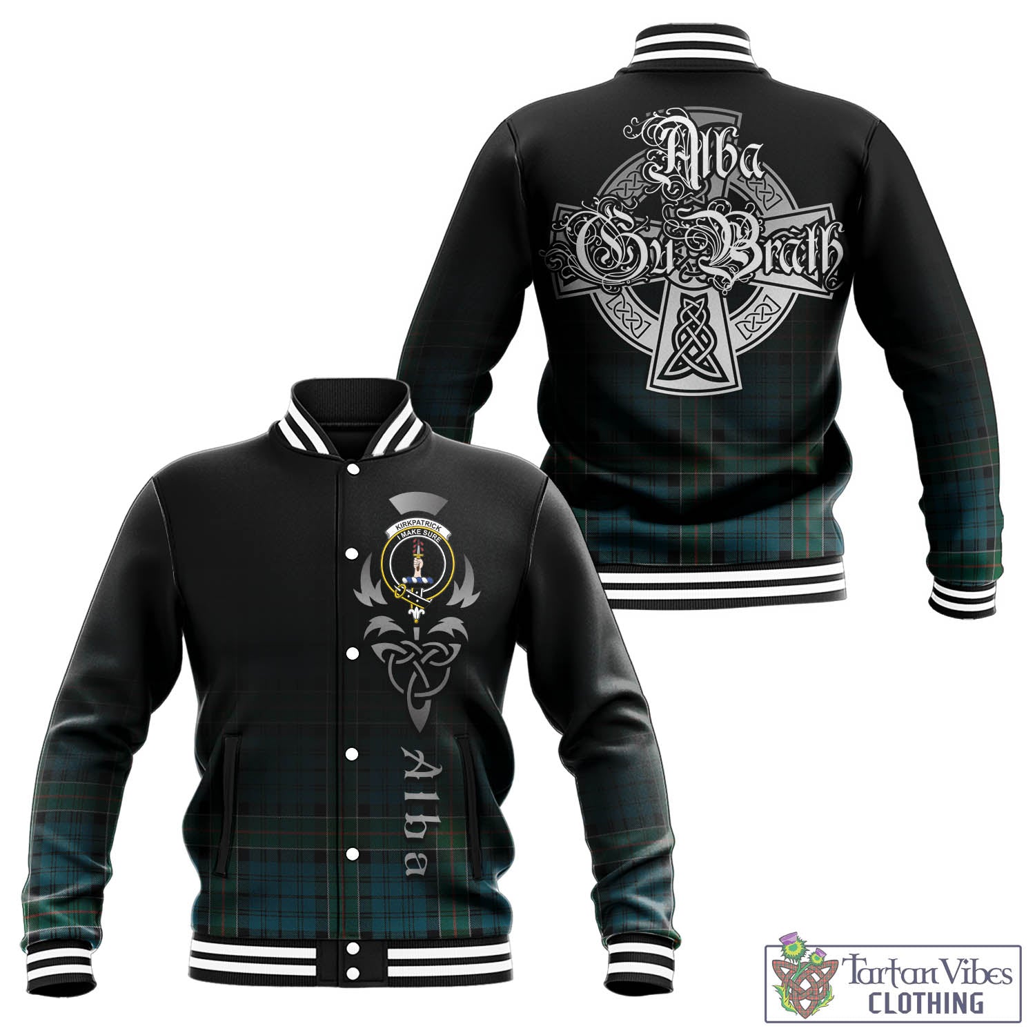 Kirkpatrick Tartan Baseball Jacket Featuring Alba Gu Brath Family Crest Celtic Inspired - Tartan Vibes Clothing