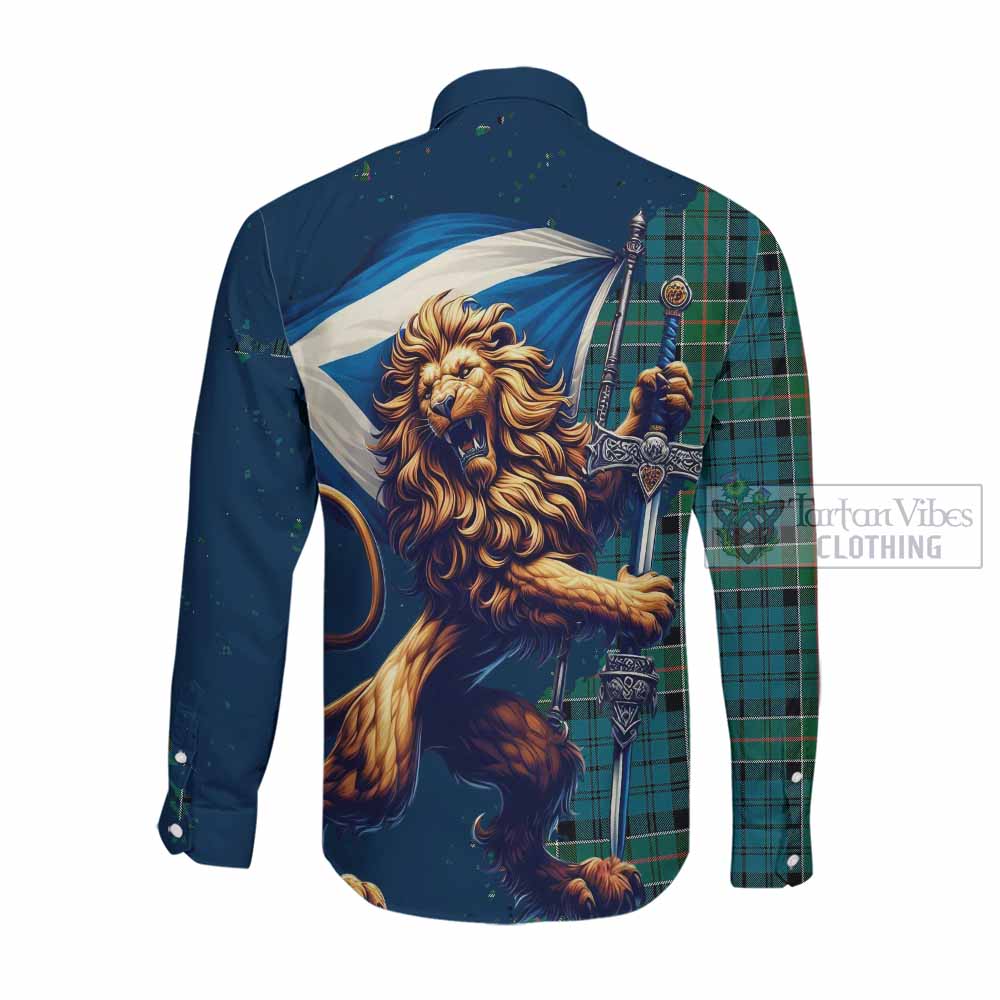 Tartan Vibes Clothing Kirkpatrick Tartan Family Crest Long Sleeve Button Shirt with Scottish Majestic Lion