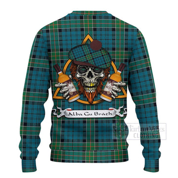 Kirkpatrick Tartan Ugly Sweater with Family Crest and Bearded Skull Holding Bottles of Whiskey