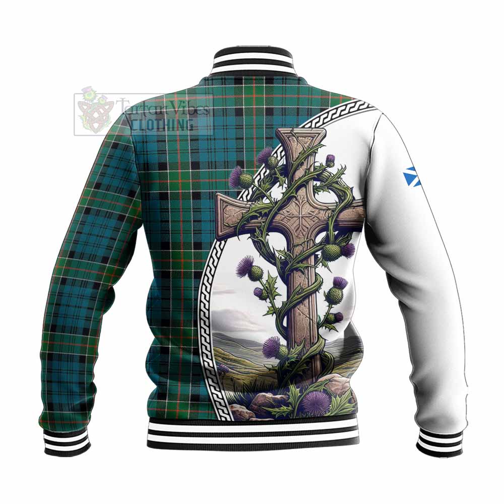 Tartan Vibes Clothing Kirkpatrick Tartan Baseball Jacket with Family Crest and St. Andrew's Cross Accented by Thistle Vines