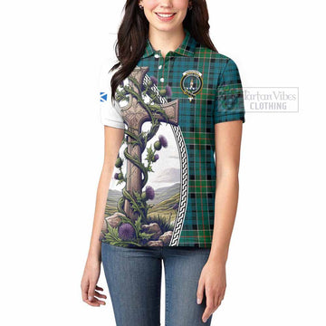 Tartan Vibes Clothing Kirkpatrick Tartan Women's Polo Shirt with Family Crest and St. Andrew's Cross Accented by Thistle Vines