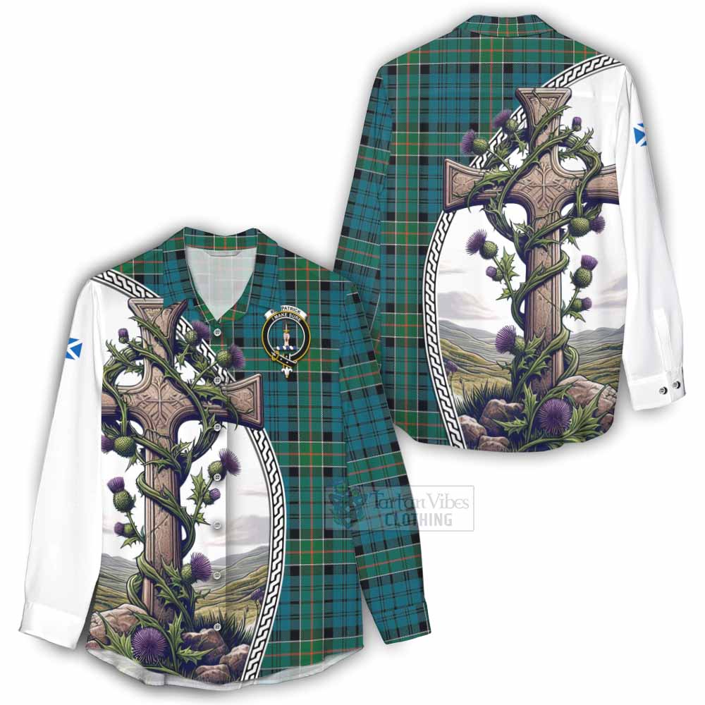 Tartan Vibes Clothing Kirkpatrick Tartan Women's Casual Shirt with Family Crest and St. Andrew's Cross Accented by Thistle Vines