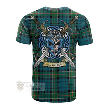 Tartan Vibes Clothing Kirkpatrick Tartan Cotton T-shirt with Family Crest Celtic Skull Style