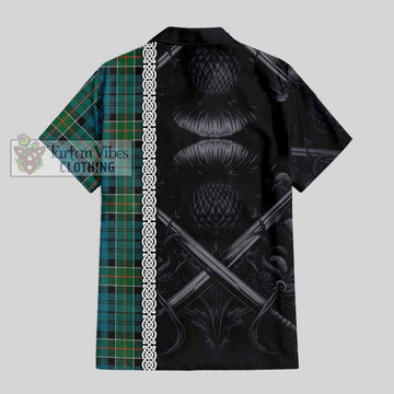 Tartan Vibes Clothing Kirkpatrick Tartan Short Sleeve Button Shirt with Family Crest Cross Sword Thistle Celtic Vibes