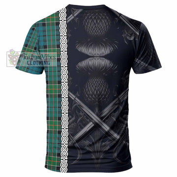 Tartan Vibes Clothing Kirkpatrick Tartan T-Shirt with Family Crest Cross Sword Thistle Celtic Vibes