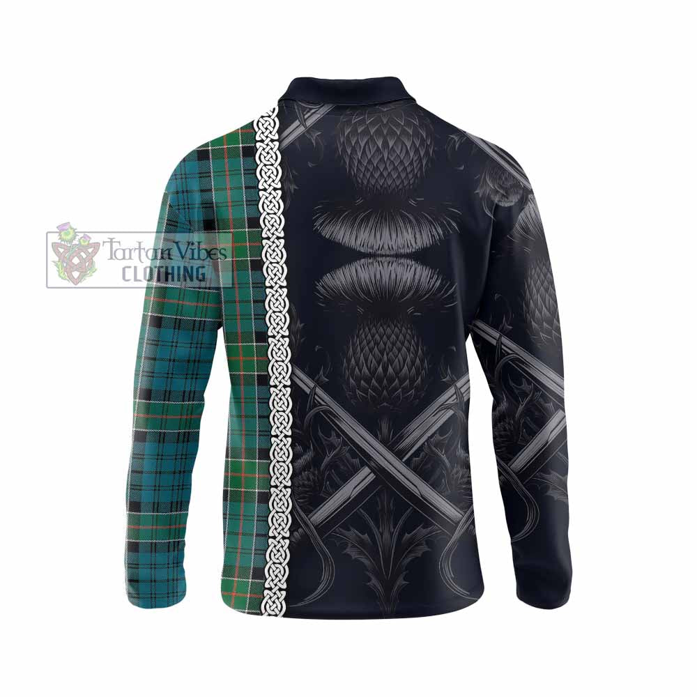 Tartan Vibes Clothing Kirkpatrick Tartan Long Sleeve Polo Shirt with Family Crest Cross Sword Thistle Celtic Vibes