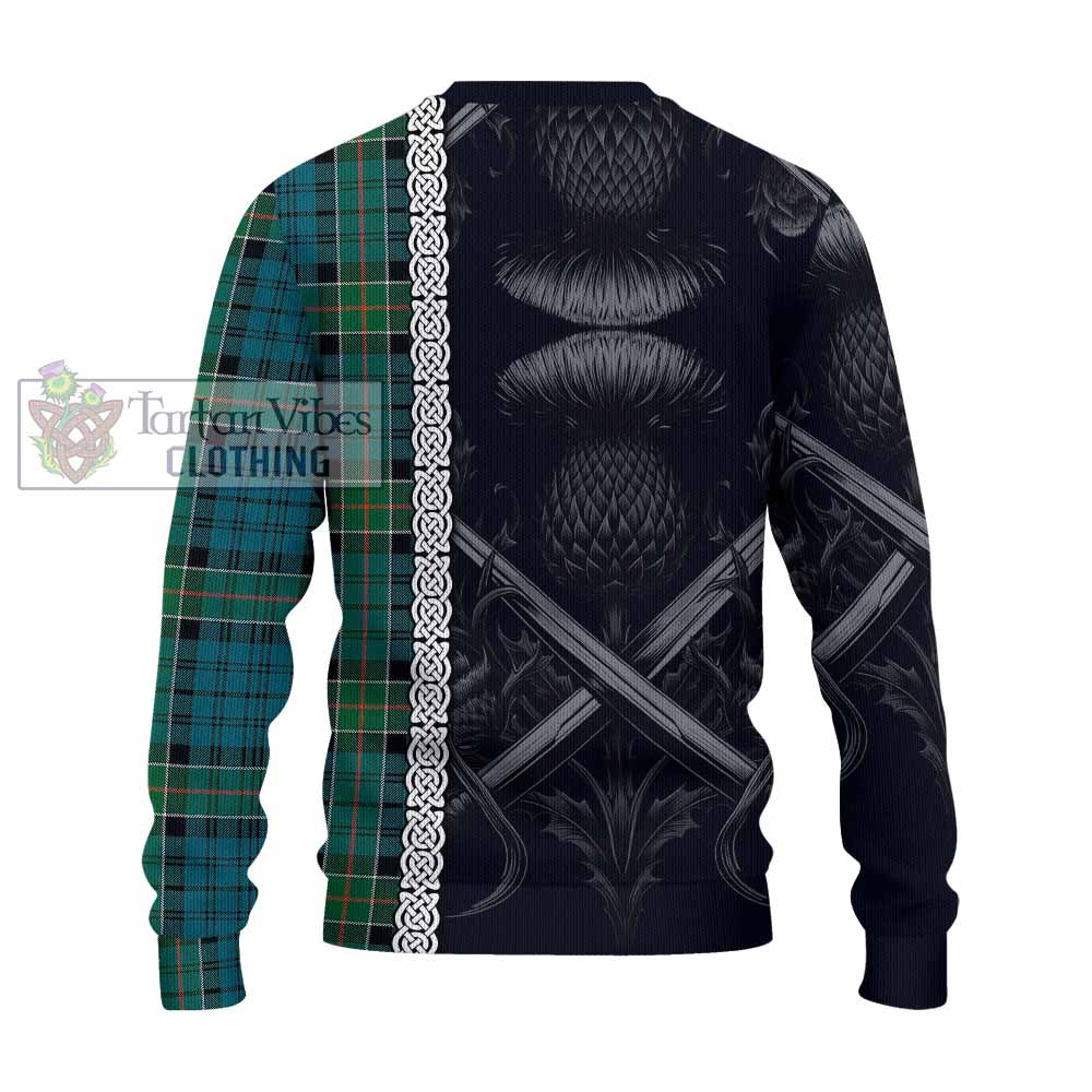 Tartan Vibes Clothing Kirkpatrick Tartan Knitted Sweater with Family Crest Cross Sword Thistle Celtic Vibes