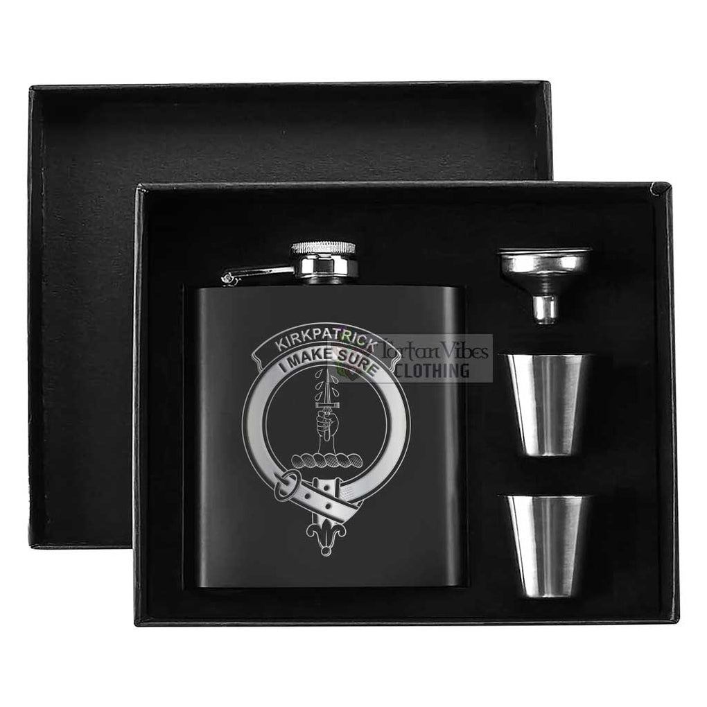 Tartan Vibes Clothing Kirkpatrick Crest Hip Flask Set 7oz Black Stainless Steel with A Gift Box