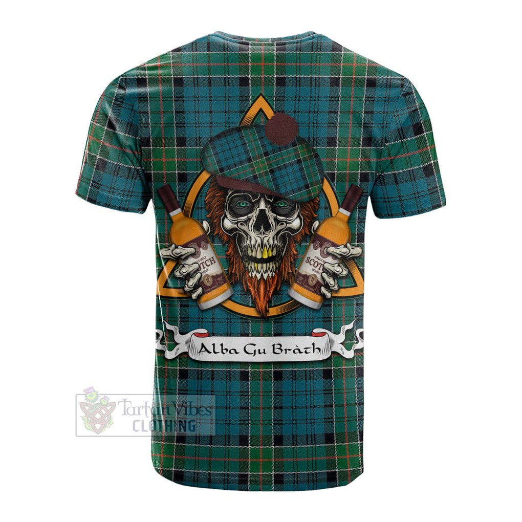 Tartan Vibes Clothing Kirkpatrick Tartan Cotton T-shirt with Family Crest and Bearded Skull Holding Bottles of Whiskey