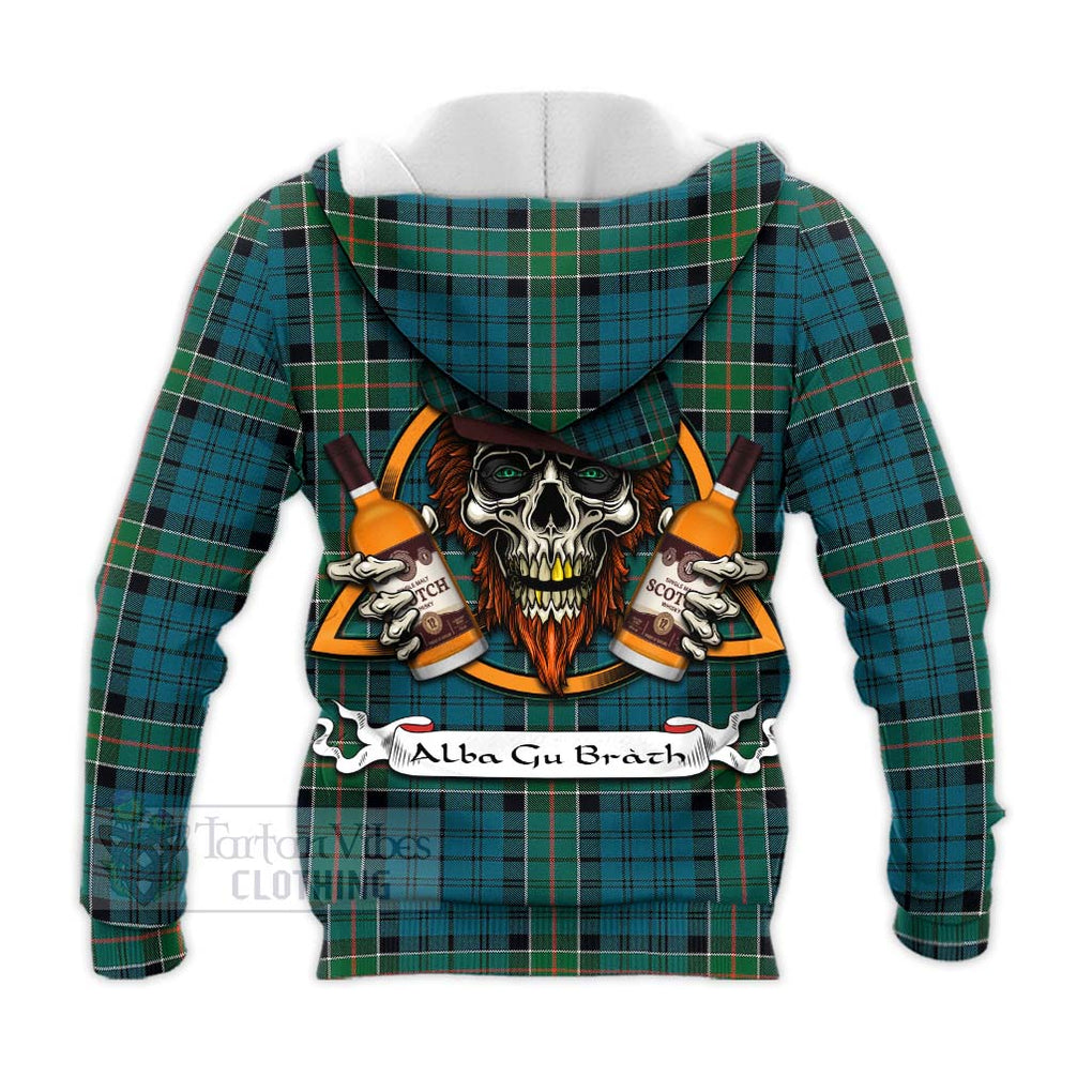 Tartan Vibes Clothing Kirkpatrick Tartan Knitted Hoodie with Family Crest and Bearded Skull Holding Bottles of Whiskey