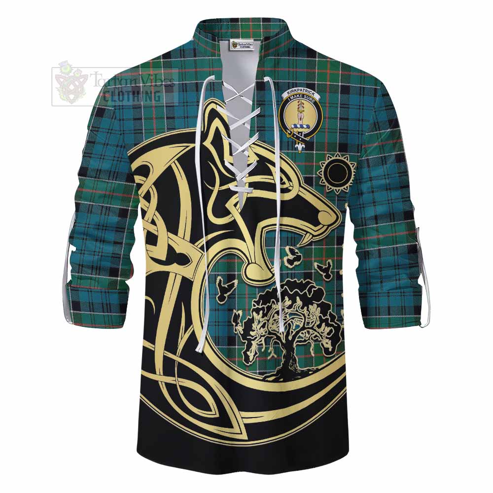 Tartan Vibes Clothing Kirkpatrick Tartan Ghillie Kilt Shirt with Family Crest Celtic Wolf Style