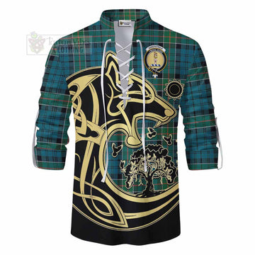 Tartan Vibes Clothing Kirkpatrick Tartan Ghillie Kilt Shirt with Family Crest Celtic Wolf Style