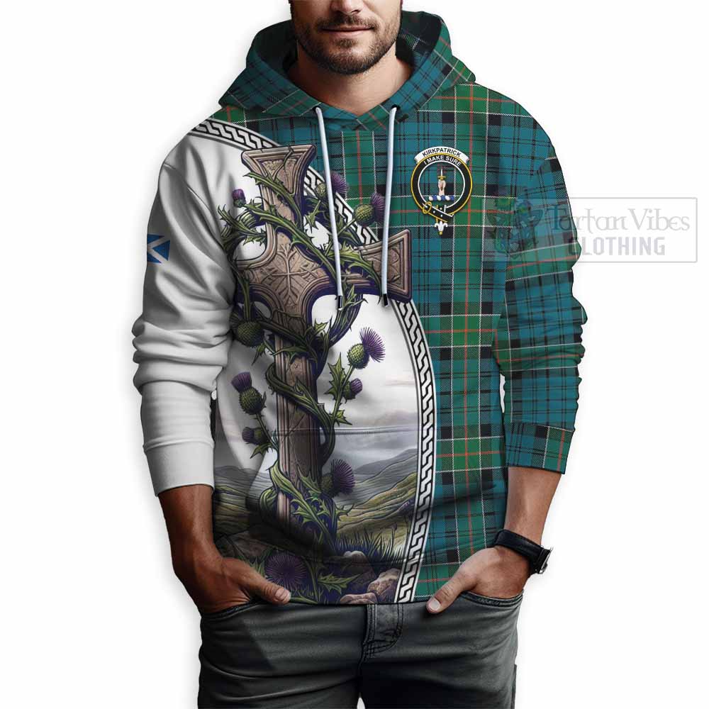 Tartan Vibes Clothing Kirkpatrick Tartan Hoodie with Family Crest and St. Andrew's Cross Accented by Thistle Vines
