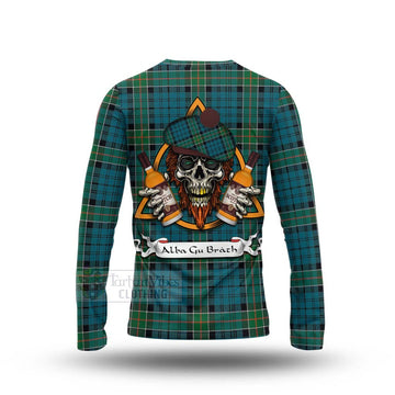 Tartan Vibes Clothing Kirkpatrick Tartan Long Sleeve T-Shirt with Family Crest and Bearded Skull Holding Bottles of Whiskey