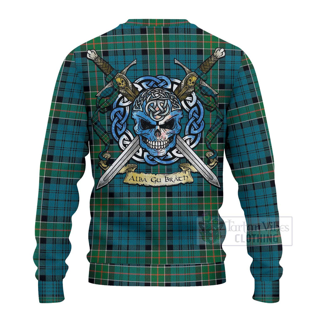Tartan Vibes Clothing Kirkpatrick Tartan Knitted Sweater with Family Crest Celtic Skull Style