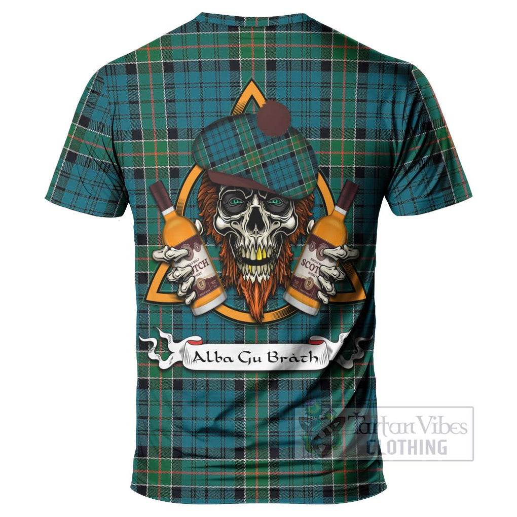 Tartan Vibes Clothing Kirkpatrick Tartan T-Shirt with Family Crest and Bearded Skull Holding Bottles of Whiskey