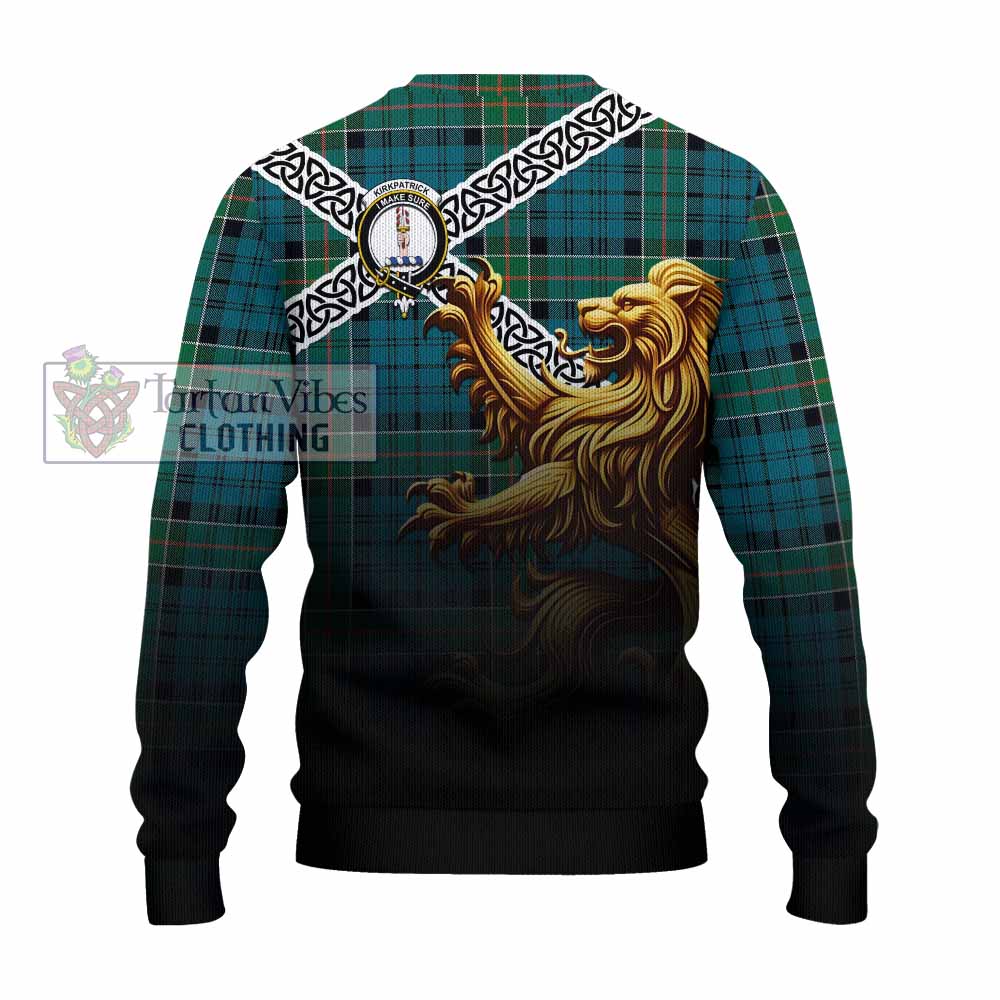 Tartan Vibes Clothing Kirkpatrick Crest Tartan Knitted Sweater with Golden Lion Emblem Celtic Style