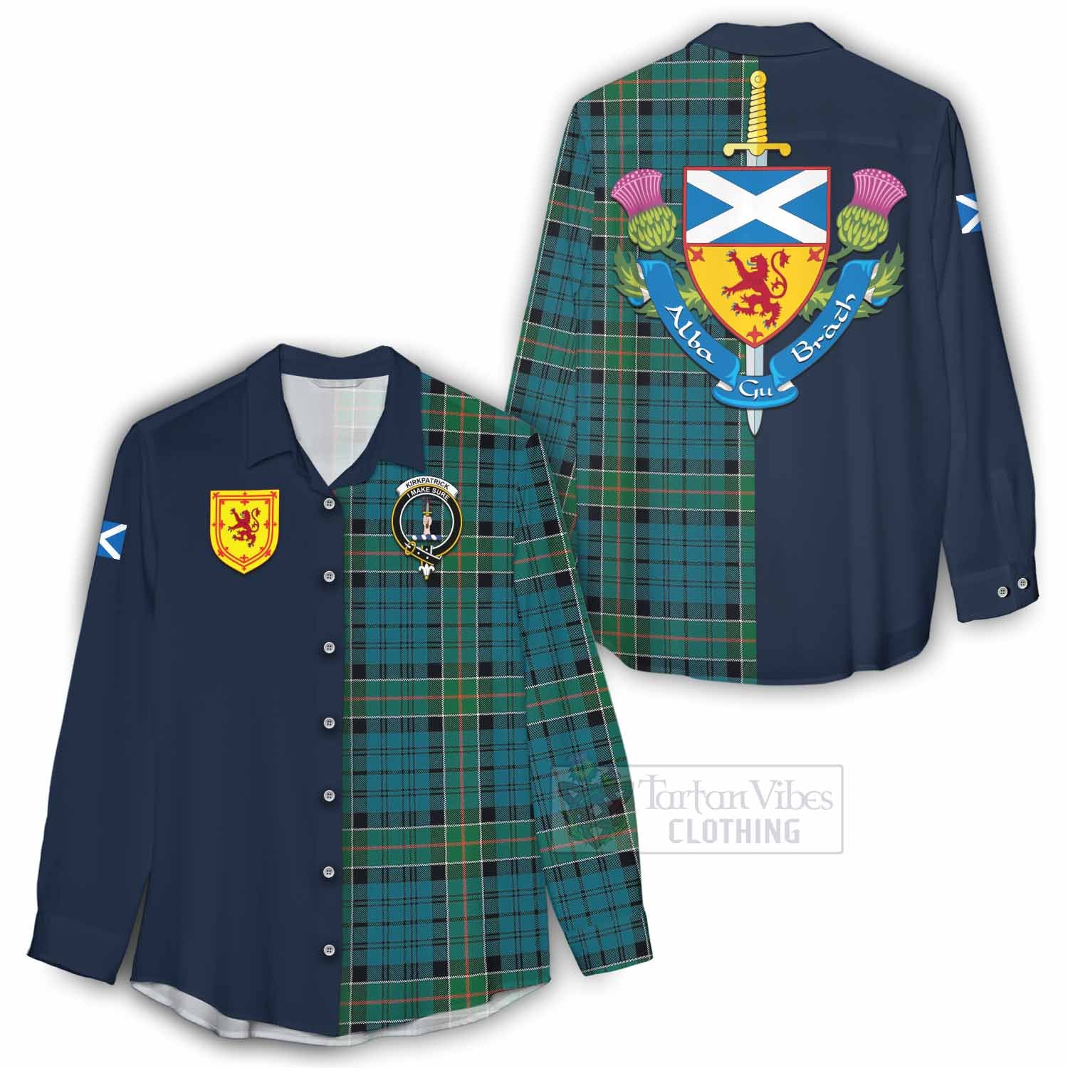 Tartan Vibes Clothing Kirkpatrick Tartan Women's Casual Shirt Alba with Scottish Lion Royal Arm Half Style