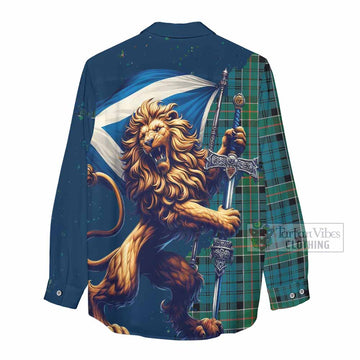 Tartan Vibes Clothing Kirkpatrick Tartan Family Crest Women's Casual Shirt with Scottish Majestic Lion