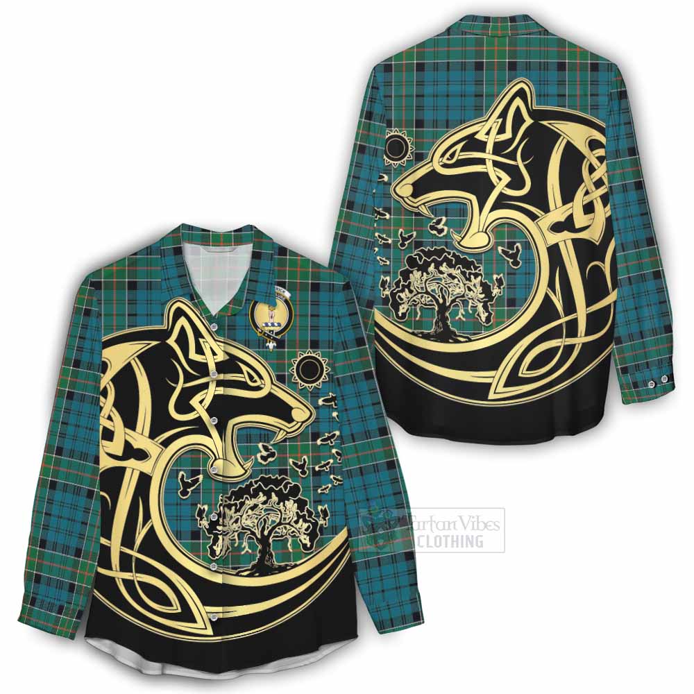 Tartan Vibes Clothing Kirkpatrick Tartan Women's Casual Shirt with Family Crest Celtic Wolf Style