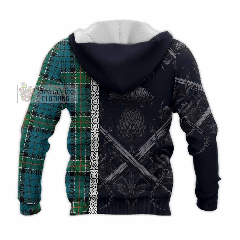 Tartan Vibes Clothing Kirkpatrick Tartan Knitted Hoodie with Family Crest Cross Sword Thistle Celtic Vibes