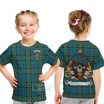 Tartan Vibes Clothing Kirkpatrick Tartan Kid T-Shirt with Family Crest and Bearded Skull Holding Bottles of Whiskey
