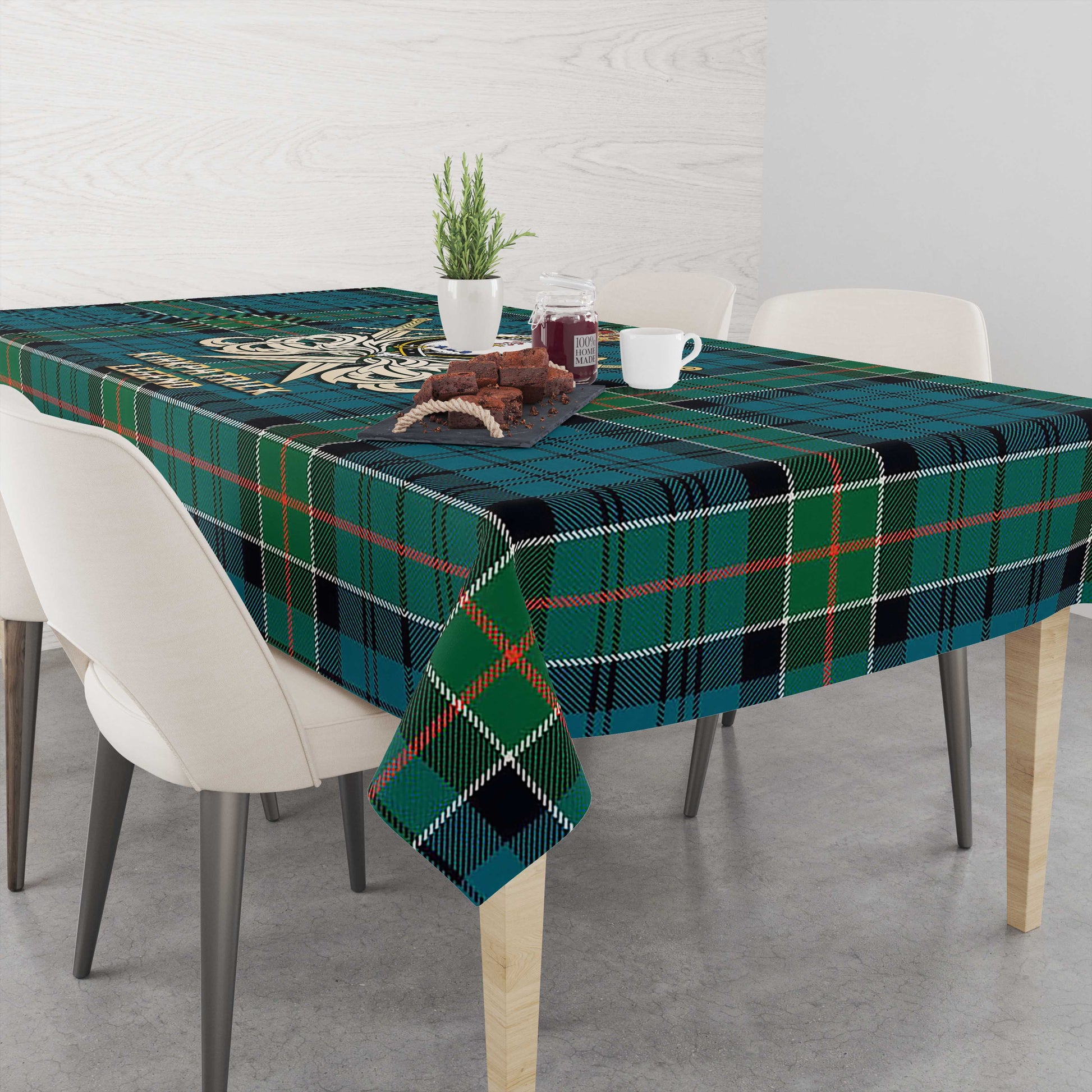 Tartan Vibes Clothing Kirkpatrick Tartan Tablecloth with Clan Crest and the Golden Sword of Courageous Legacy
