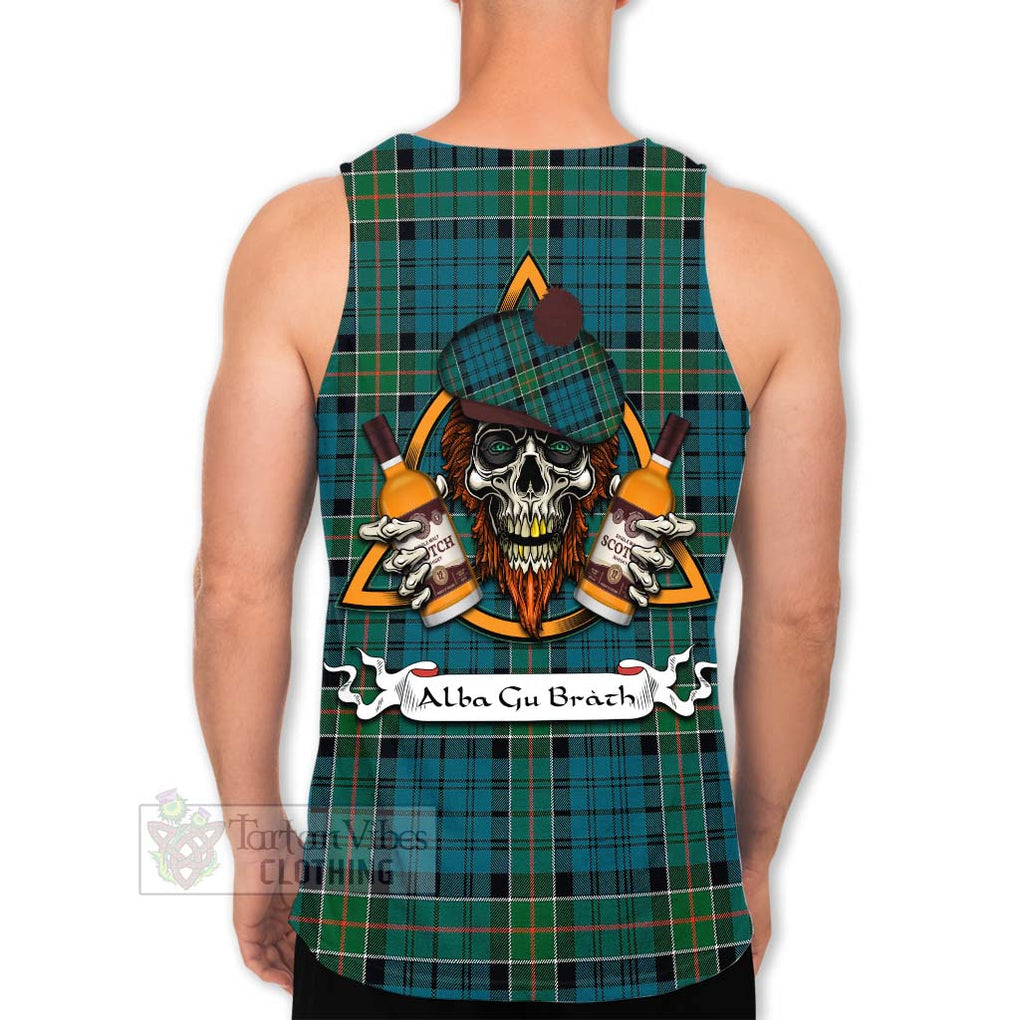 Tartan Vibes Clothing Kirkpatrick Tartan Men's Tank Top with Family Crest and Bearded Skull Holding Bottles of Whiskey