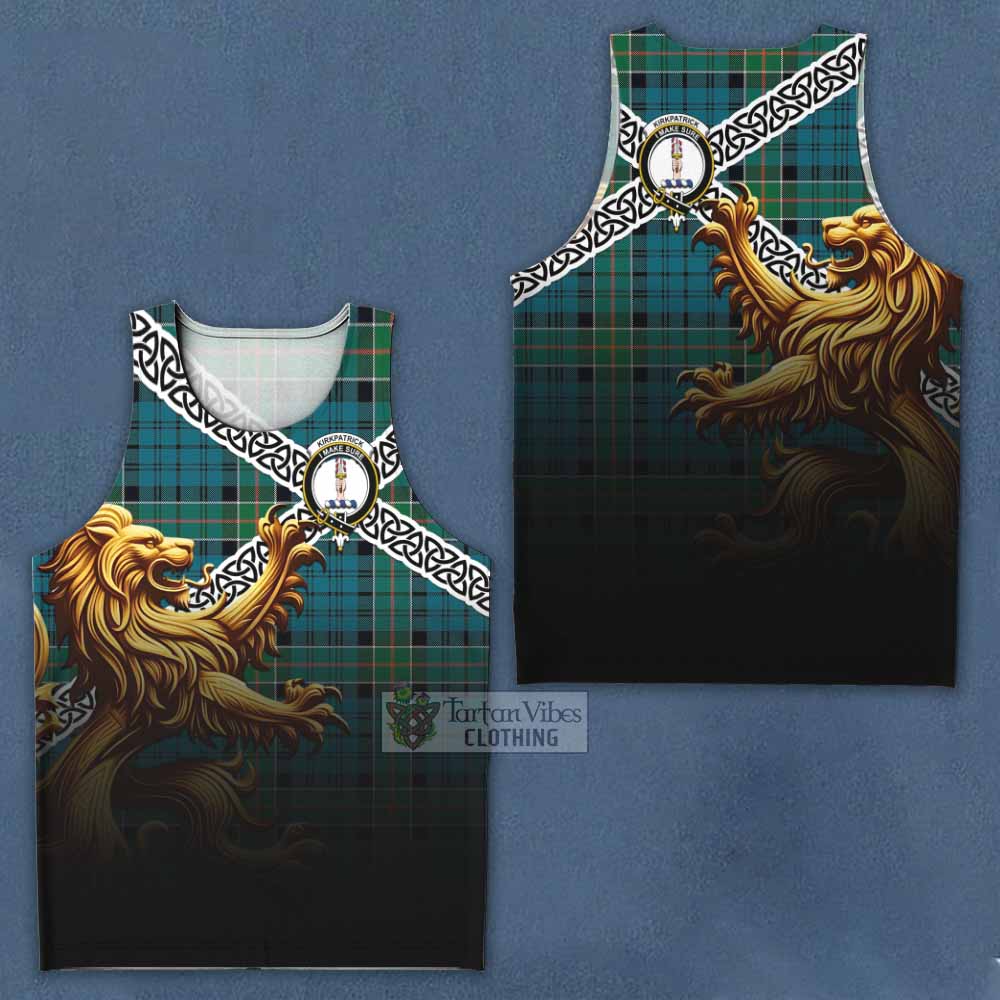 Tartan Vibes Clothing Kirkpatrick Crest Tartan Men's Tank Top with Golden Lion Emblem Celtic Style